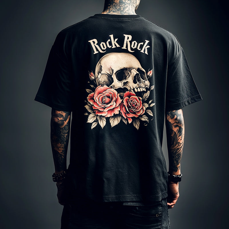 Men's Retro Casual Skull "Rock Rock" Printed Round Neck Short Sleeve T-Shirt MTA2192C9TO