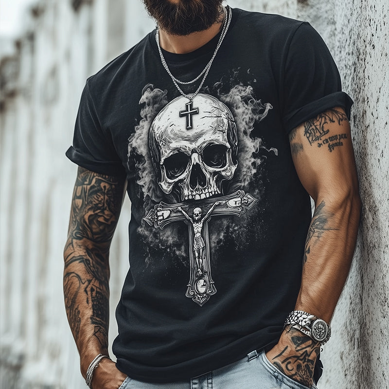 Men's Retro Casual Skull Cross Printed Round Neck Short Sleeve T-Shirt MTA2102C9TO