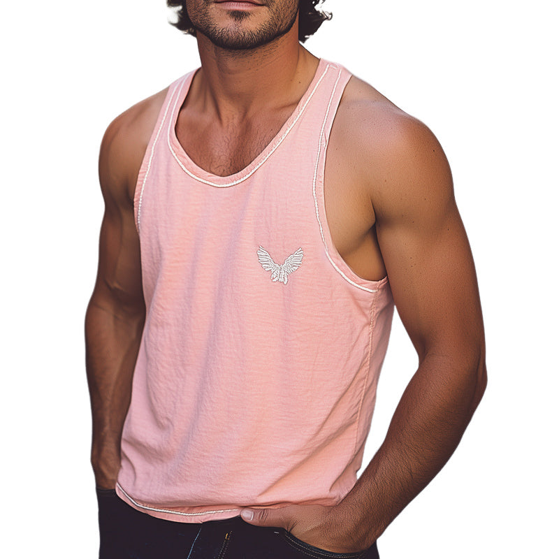 Men's Summer Casual Round Neck Pink Embroidered Tank Top MTA2121C3U