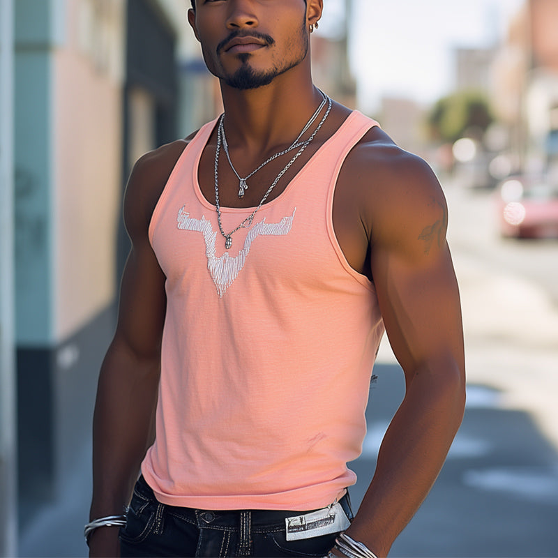 Men's Summer Casual Round Neck Pink Embroidered Tank Top MTA2112C2U