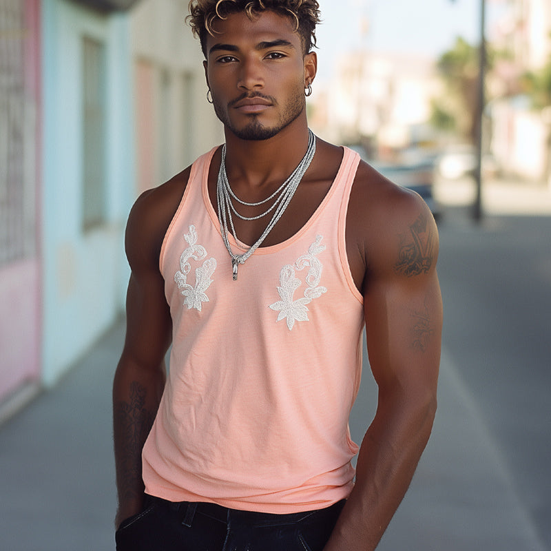 Men's Summer Casual Round Neck Pink Embroidered Tank Top MTA2167C7U