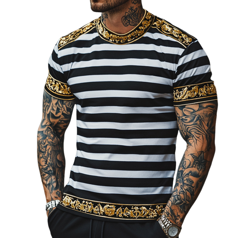 Men's Retro Casual Baroque Printed Round Neck Short Sleeve T-Shirt  MTA2152C1TO