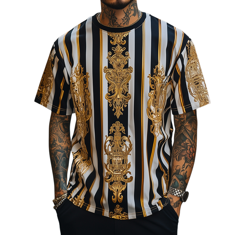 Men's Retro Casual Baroque Printed Round Neck Short Sleeve T-Shirt MTA2188C5TO