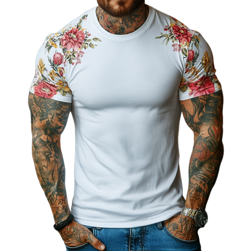 Men's Retro Casual Floral Print Round Neck Short Sleeve T-Shirt MTA2188C6TO