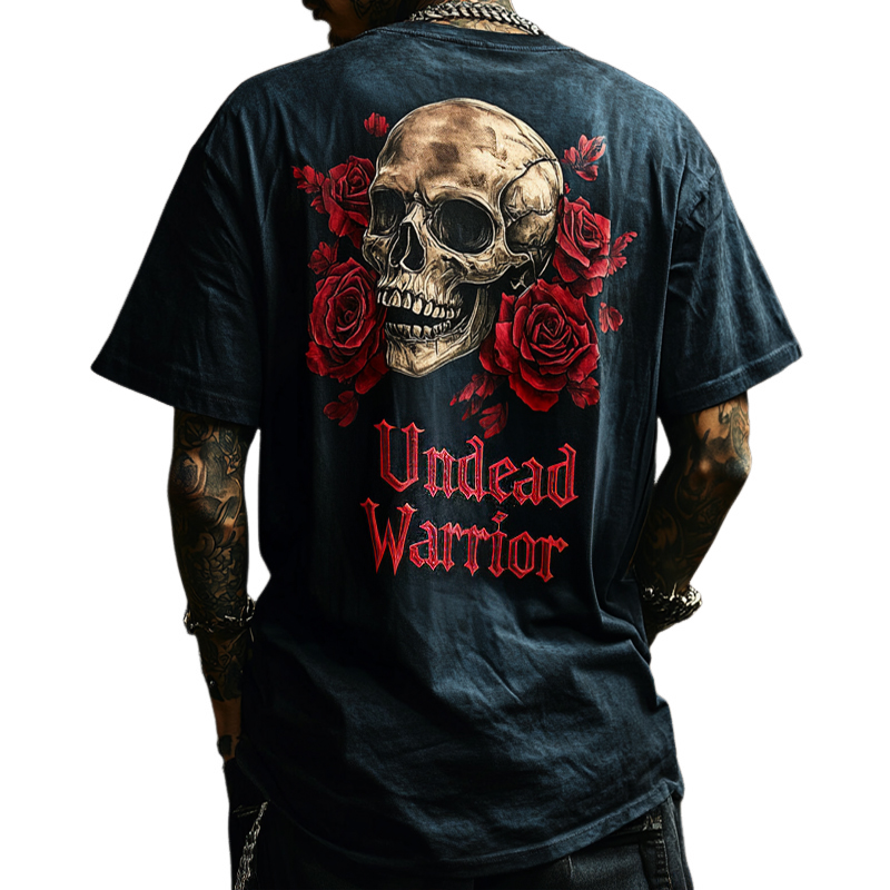 Men's Retro Casual Rock Skull "Undead Warrior" Printed Round Neck Short Sleeve T-Shirt MTA2102C5TO