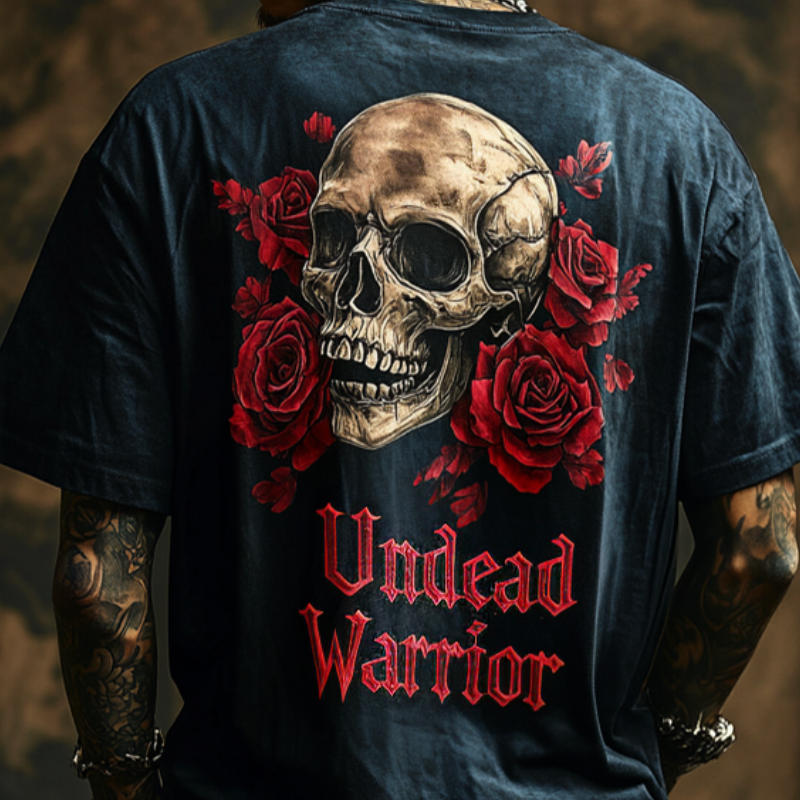 Men's Retro Casual Rock Skull "Undead Warrior" Printed Round Neck Short Sleeve T-Shirt MTA2102C5TO