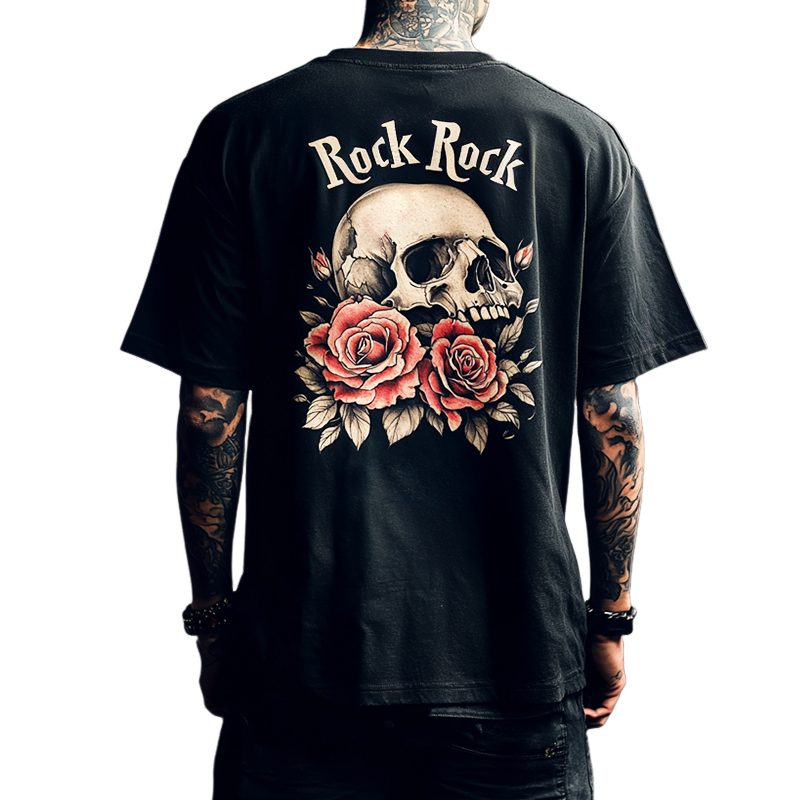 Men's Retro Casual Skull "Rock Rock" Printed Round Neck Short Sleeve T-Shirt MTA2192C9TO