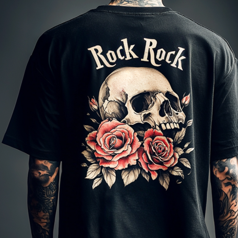 Men's Retro Casual Skull "Rock Rock" Printed Round Neck Short Sleeve T-Shirt MTA2192C9TO