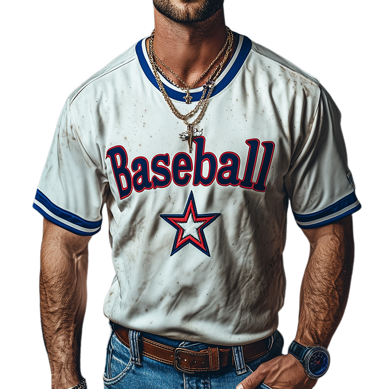 Men's Retro Casual Baseball Printed Round Neck Short Sleeve T-Shirt MTA2118C9TO