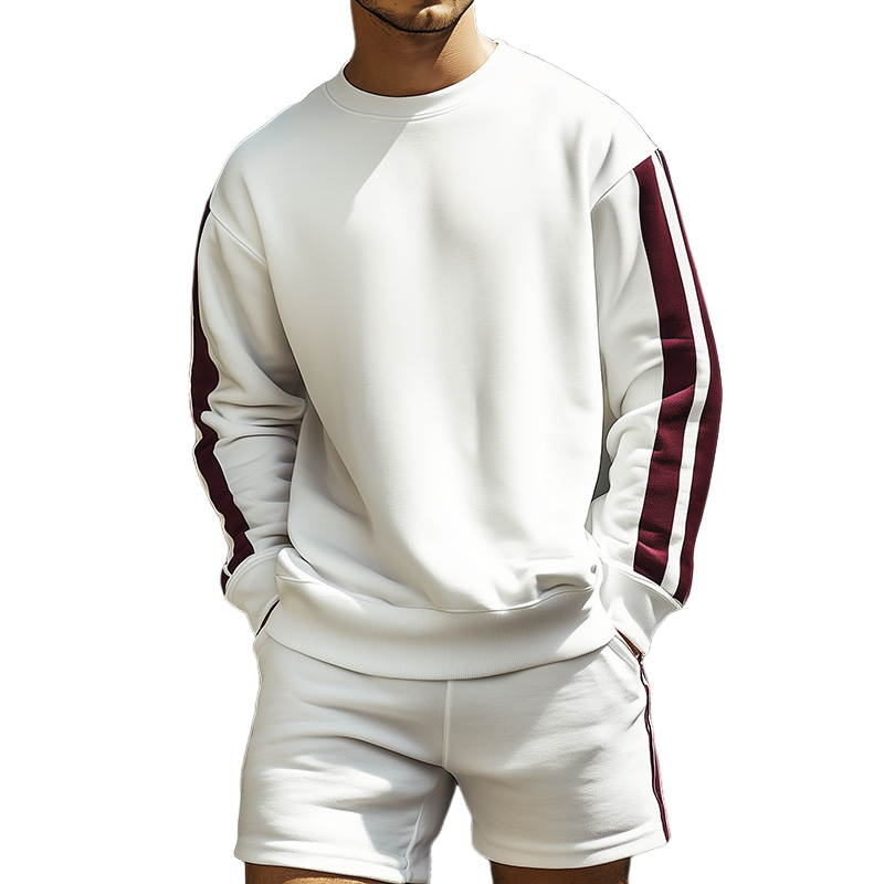 Men's Retro Casual Striped Crew Neck Sweatshirt Shorts Two-Piece Set MTA2186C1TO