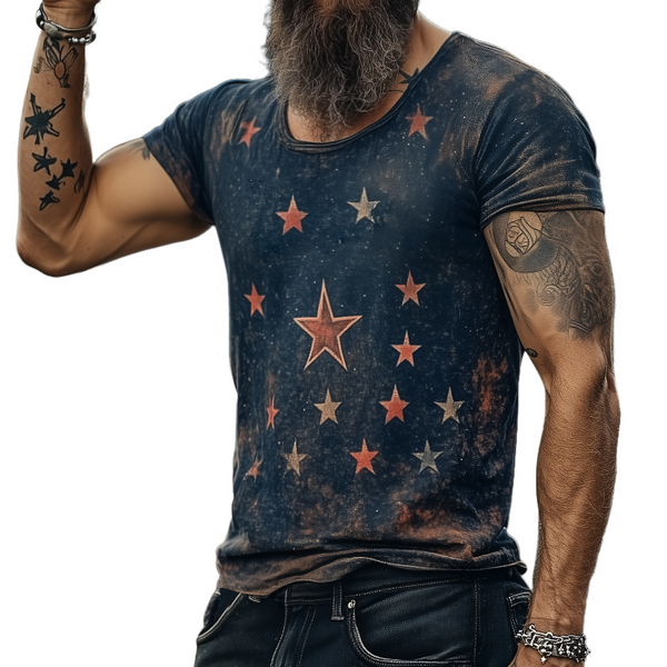 【24-hour shipping out】Men's Retro Casual Star Universe Printed Round Neck Short Sleeve T-Shirt MTA2112C7TO