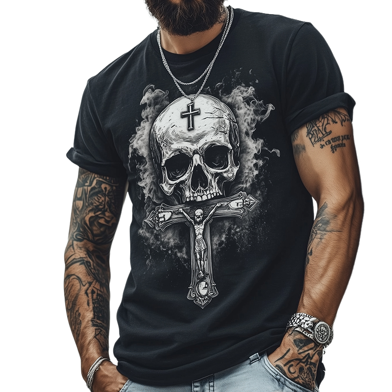 Men's Retro Casual Skull Cross Printed Round Neck Short Sleeve T-Shirt MTA2102C9TO