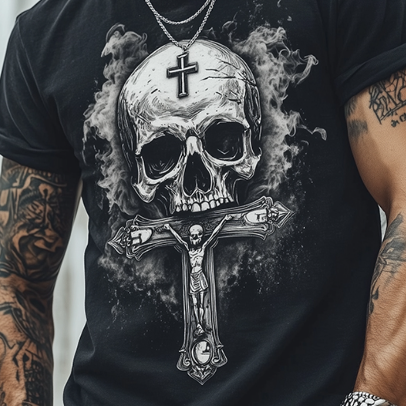 Men's Retro Casual Skull Cross Printed Round Neck Short Sleeve T-Shirt MTA2102C9TO