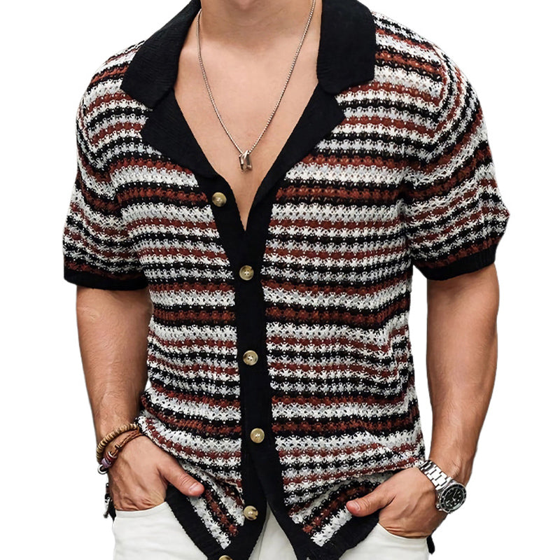 Men's Retro Colorblock Striped Knit Short Sleeve Shirt MTA2144C9U