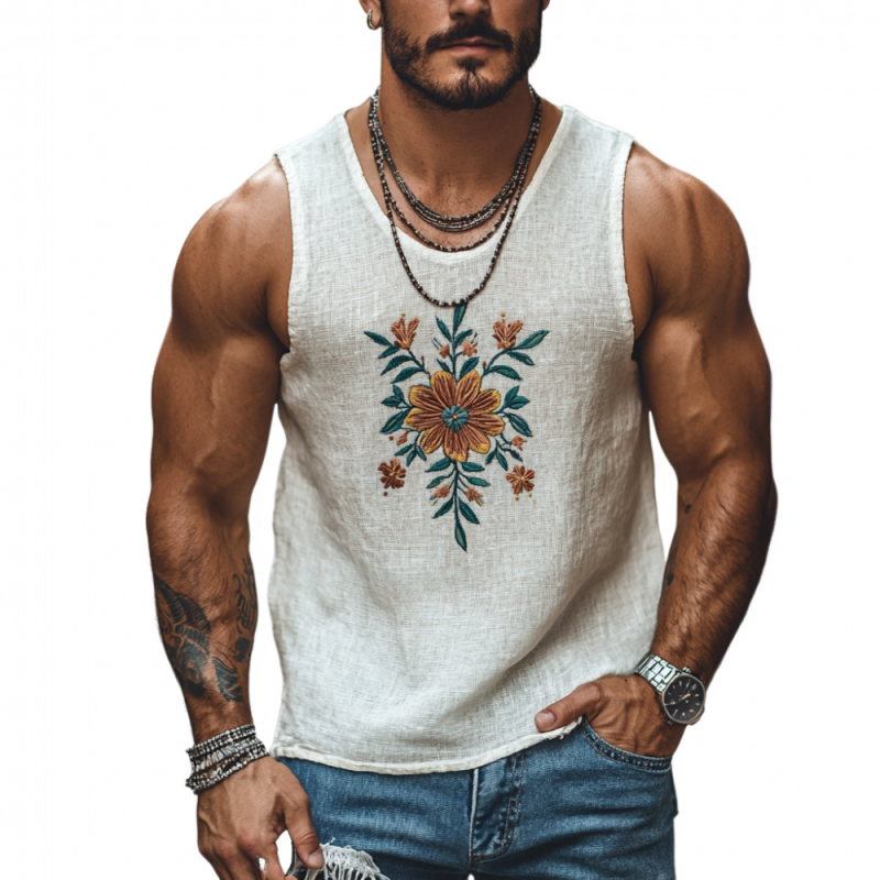 Men's Casual U-Neck Linen Floral Embroidered Slim Fit Tank Top MTA2194C9M