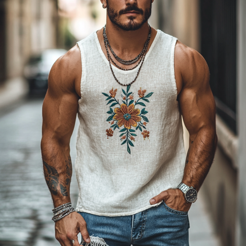 Men's Casual U-Neck Linen Floral Embroidered Slim Fit Tank Top MTA2194C9M