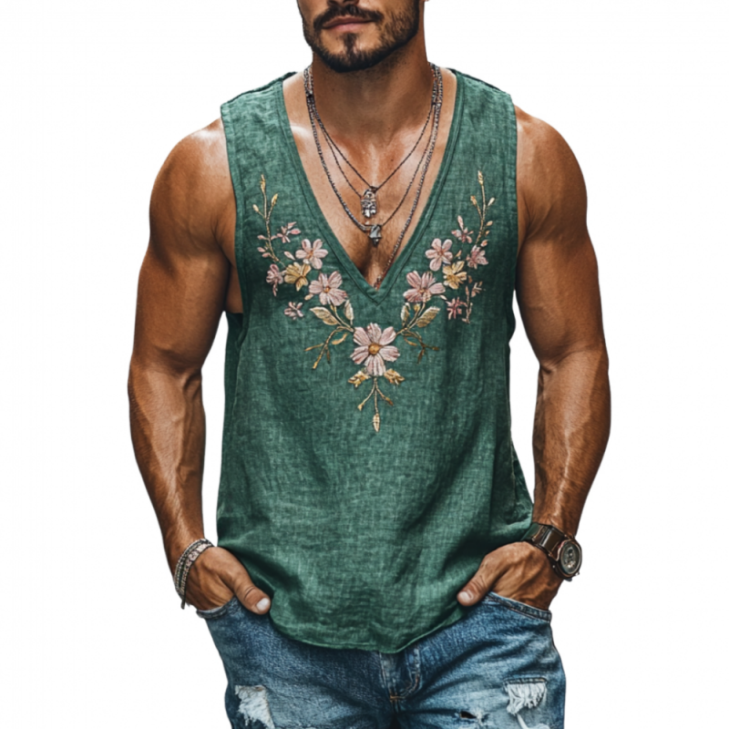 Men's Casual Deep V Neck Linen Flower Embroidered Slim Fit Tank Top MTA2193C5M