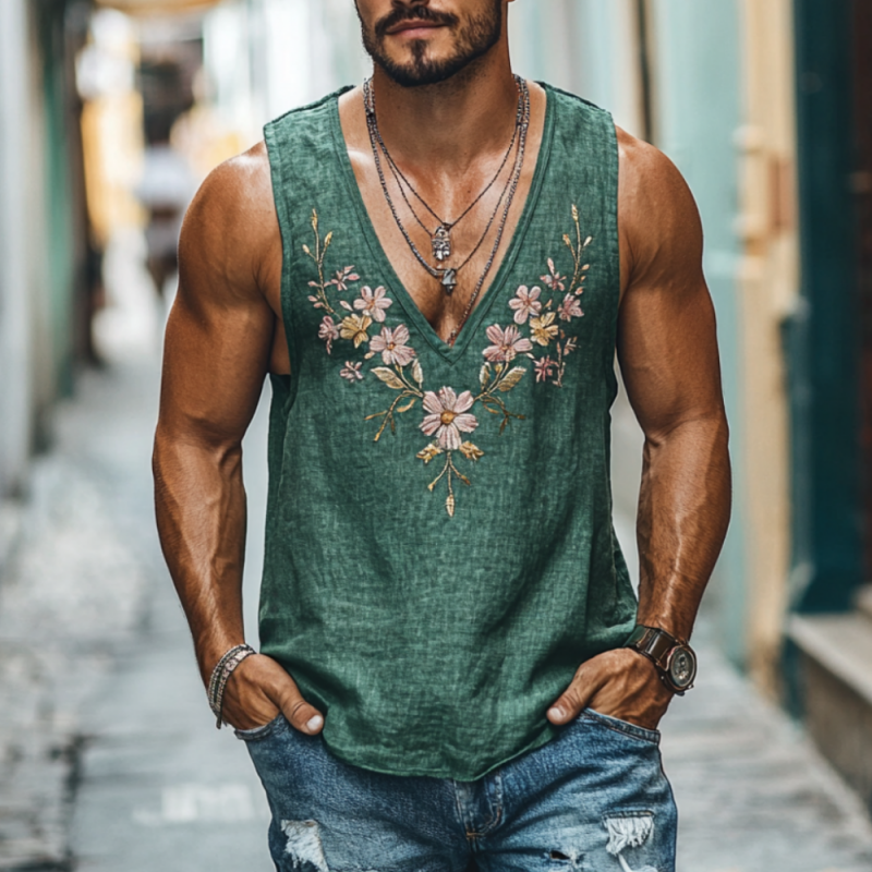 Men's Casual Deep V Neck Linen Flower Embroidered Slim Fit Tank Top MTA2193C5M