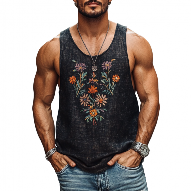 Men's Casual Round Neck Linen Floral Embroidered Slim Fit Tank Top MTA2123C4M