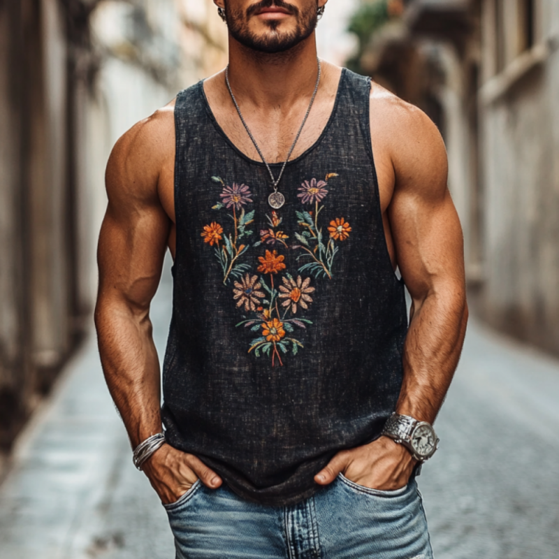 Men's Casual Round Neck Linen Floral Embroidered Slim Fit Tank Top MTA2123C4M