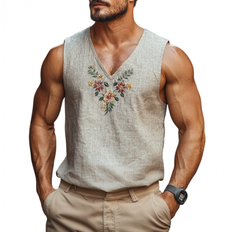 Men's Casual V-Neck Linen Floral Embroidered Slim Fit Tank Top MTA2184C0M