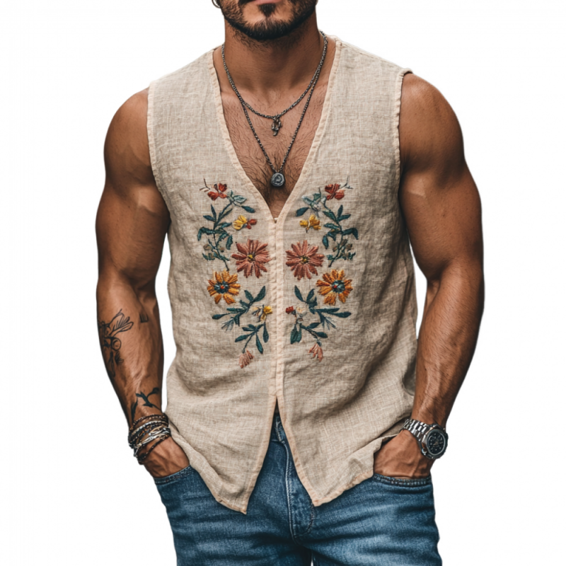 Men's Casual V-Neck Linen Floral Embroidered Slim Fit Tank Top MTA2179C1M