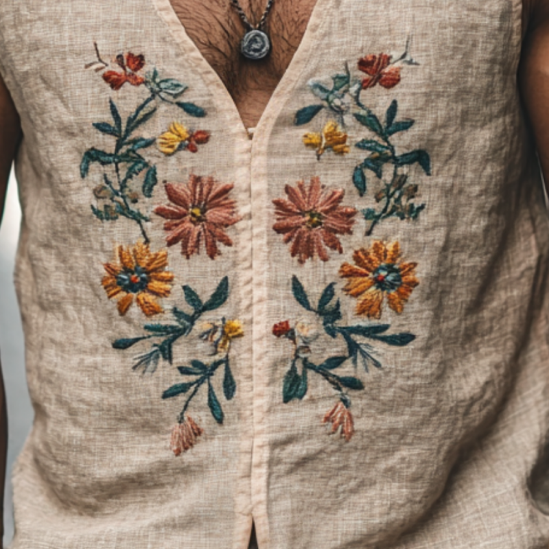 Men's Casual V-Neck Linen Floral Embroidered Slim Fit Tank Top MTA2179C1M