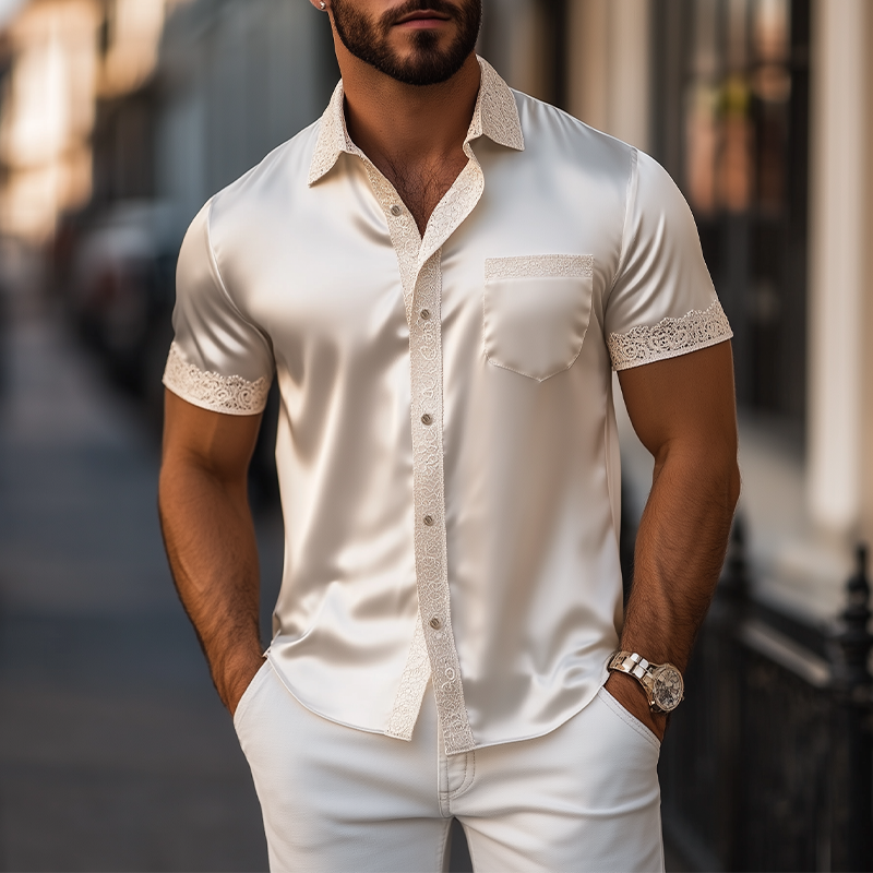 Men's Spring and Summer Fashionable Sexy Lace Stitching Satin Short-sleeved Shirt MTA2225C5K