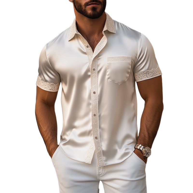 Men's Spring and Summer Fashionable Sexy Lace Stitching Satin Short-sleeved Shirt MTA2225C5K