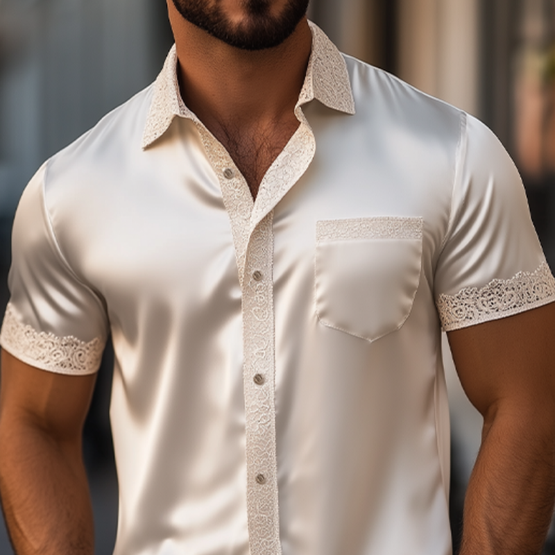 Men's Spring and Summer Fashionable Sexy Lace Stitching Satin Short-sleeved Shirt MTA2225C5K