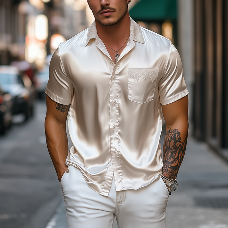 Men's Spring and Summer Fashion Pocket Lace Stitching Satin Short Sleeve Shirt MTA2201C9K