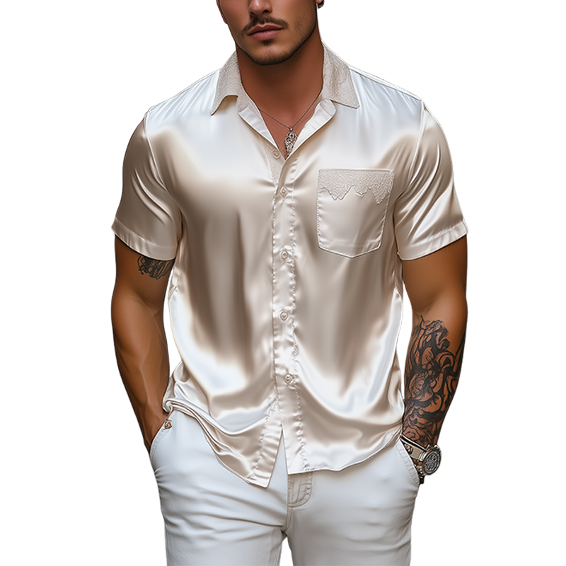 Men's Spring and Summer Fashion Pocket Lace Stitching Satin Short Sleeve Shirt MTA2201C9K