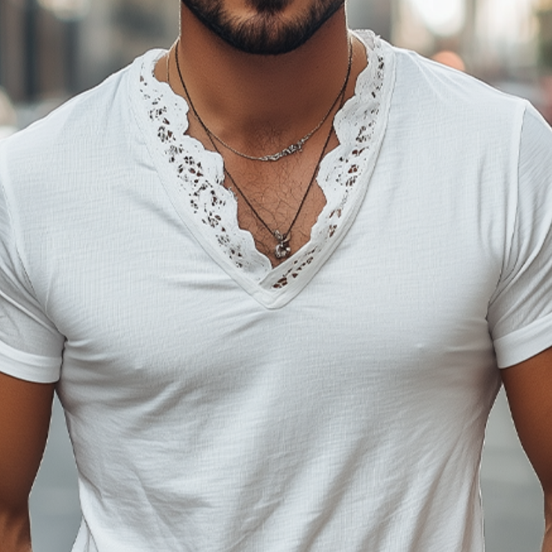 Men's Spring and Summer Fashionable V-neck Lace Stitching Cotton Short-sleeved T-shirt MTA2200C3K