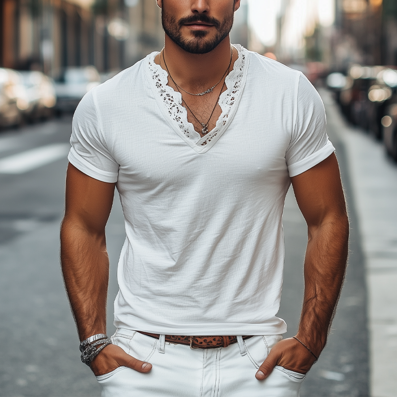 Men's Spring and Summer Fashionable V-neck Lace Stitching Cotton Short-sleeved T-shirt MTA2200C3K