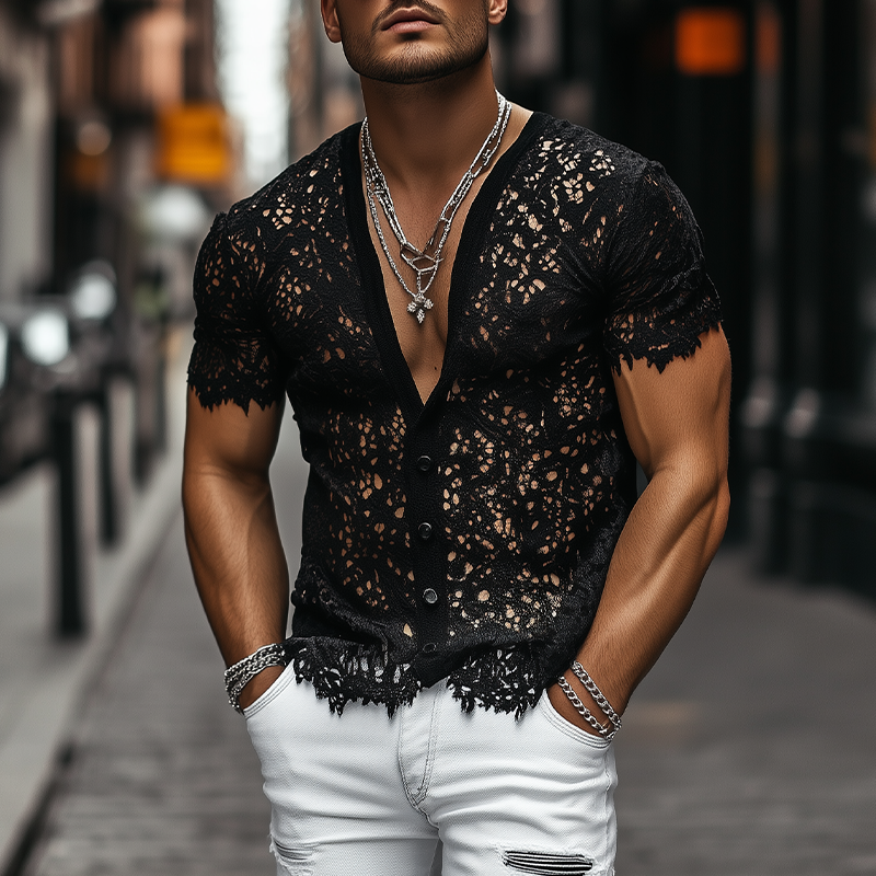 Men's Fashion Sexy Slightly Transparent Black Lace Short-sleeved Shirt MTA2277C1K