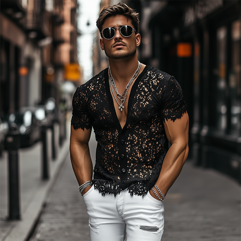 Men's Fashion Sexy Slightly Transparent Black Lace Short-sleeved Shirt MTA2277C1K