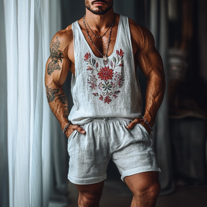 Men's Casual Linen Flower Embroidery U-Neck Loose Tank Top Elastic Waist Shorts Set MTA2258C4M