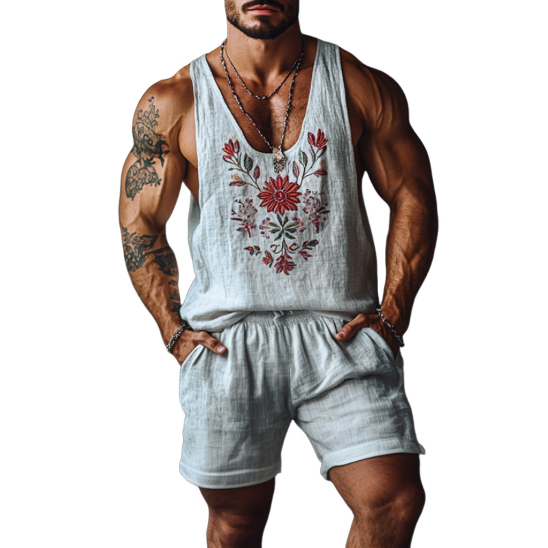 Men's Casual Linen Flower Embroidery U-Neck Loose Tank Top Elastic Waist Shorts Set MTA2258C4M