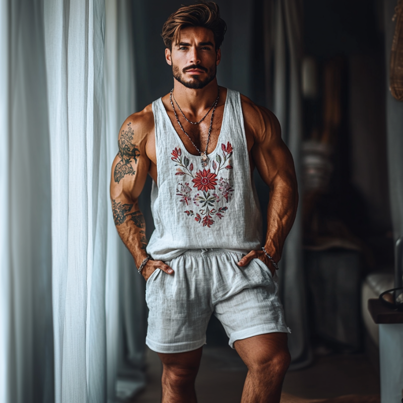 Men's Casual Linen Flower Embroidery U-Neck Loose Tank Top Elastic Waist Shorts Set MTA2258C4M