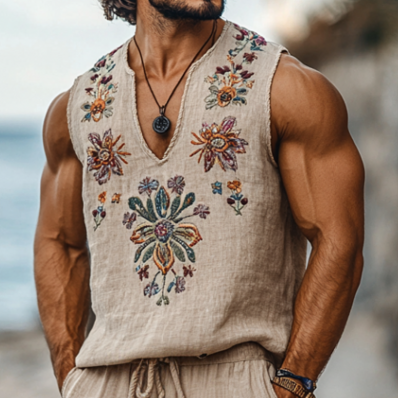 Men's Casual Linen Flower Embroidery V-Neck Loose Tank Top Elastic Waist Shorts Set MTA2204C1M