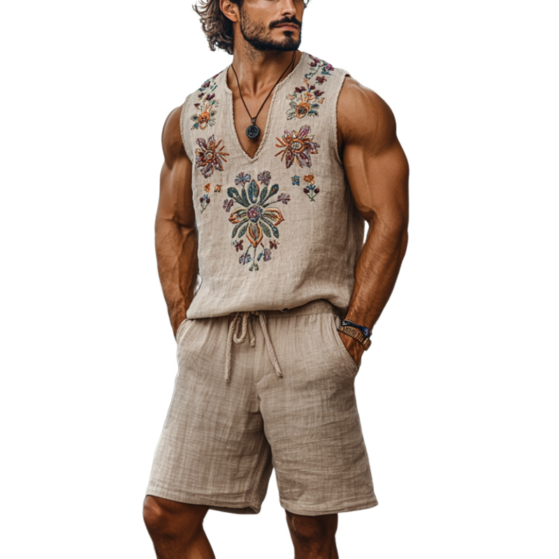 Men's Casual Linen Flower Embroidery V-Neck Loose Tank Top Elastic Waist Shorts Set MTA2204C1M