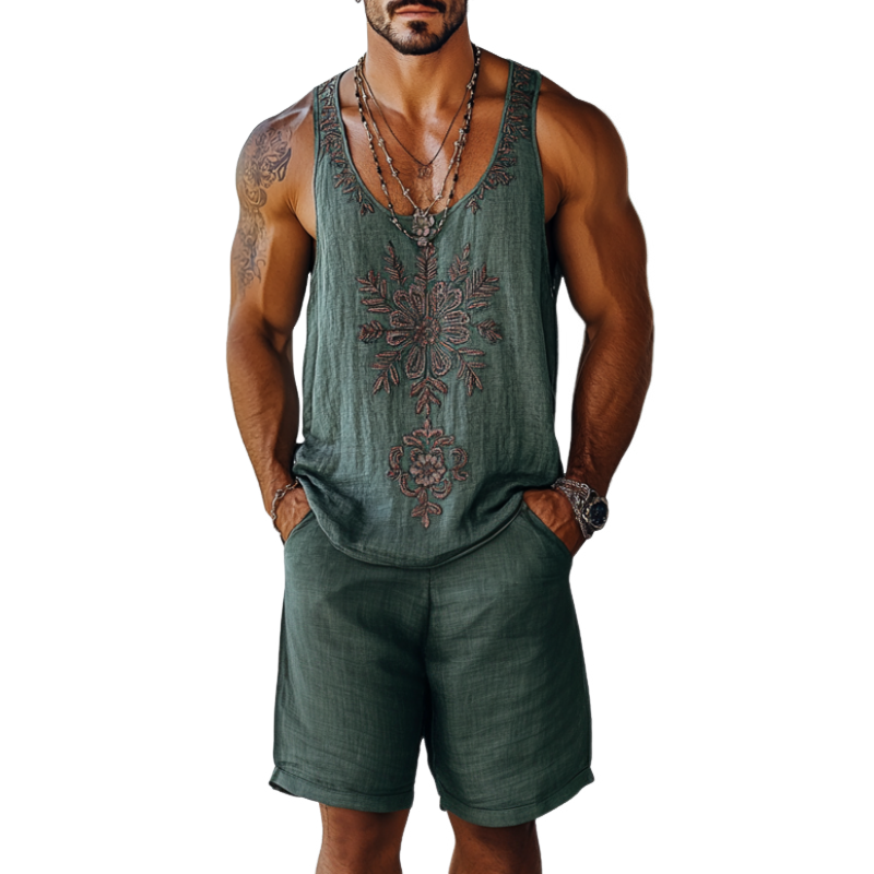 Men's Casual Linen Flower Embroidery U-Neck Loose Tank Top Elastic Waist Shorts Set MTA2285C9M