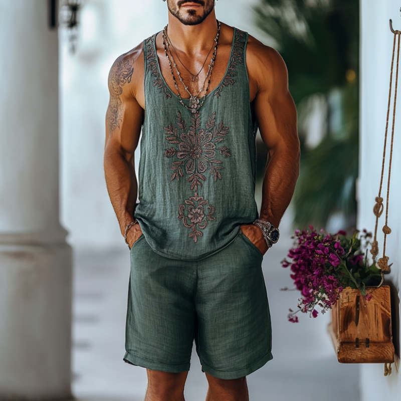 Men's Casual Linen Flower Embroidery U-Neck Loose Tank Top Elastic Waist Shorts Set MTA2285C9M