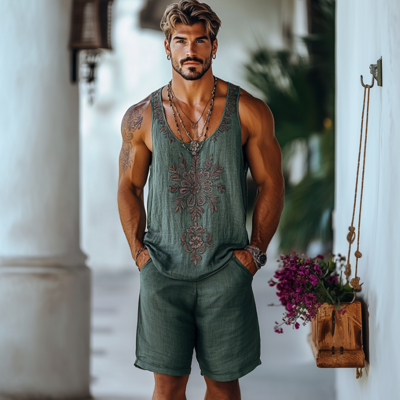 Men's Casual Linen Flower Embroidery U-Neck Loose Tank Top Elastic Waist Shorts Set MTA2285C9M