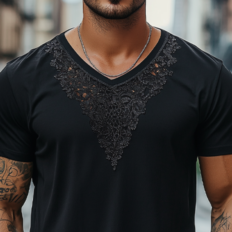 Men's Fashion Casual Lace V-neck Cotton Short-sleeved T-shirt MTA2227C8K