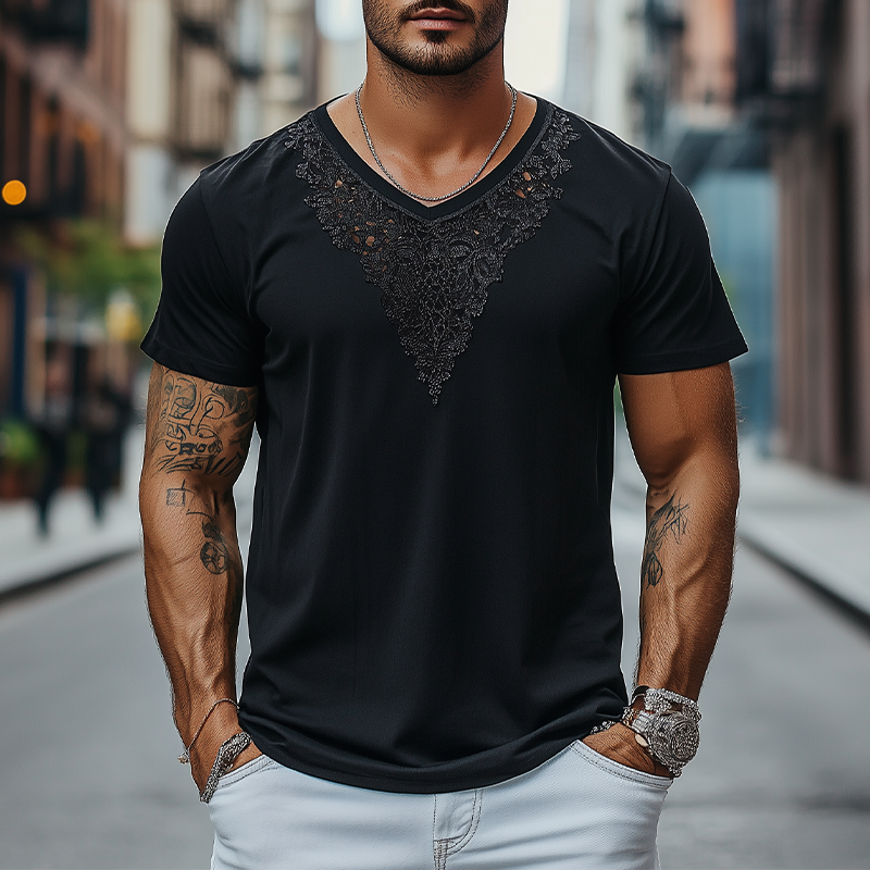 Men's Fashion Casual Lace V-neck Cotton Short-sleeved T-shirt MTA2227C8K