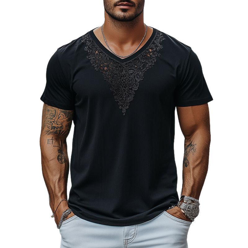 Men's Fashion Casual Lace V-neck Cotton Short-sleeved T-shirt MTA2227C8K