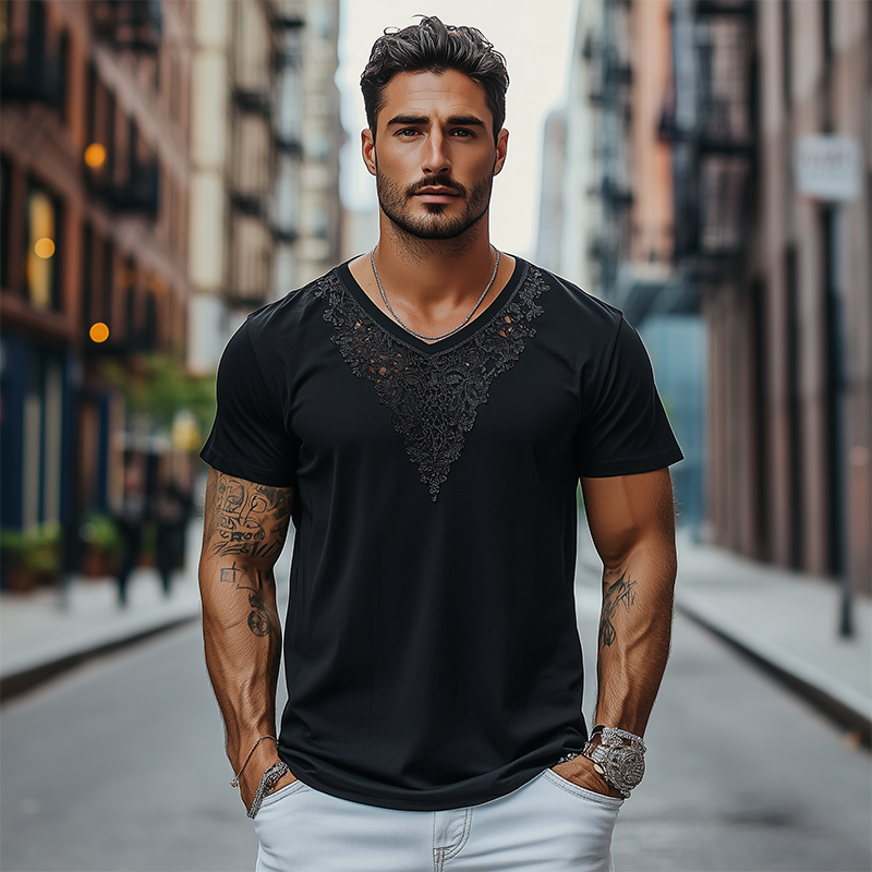 Men's Fashion Casual Lace V-neck Cotton Short-sleeved T-shirt MTA2227C8K