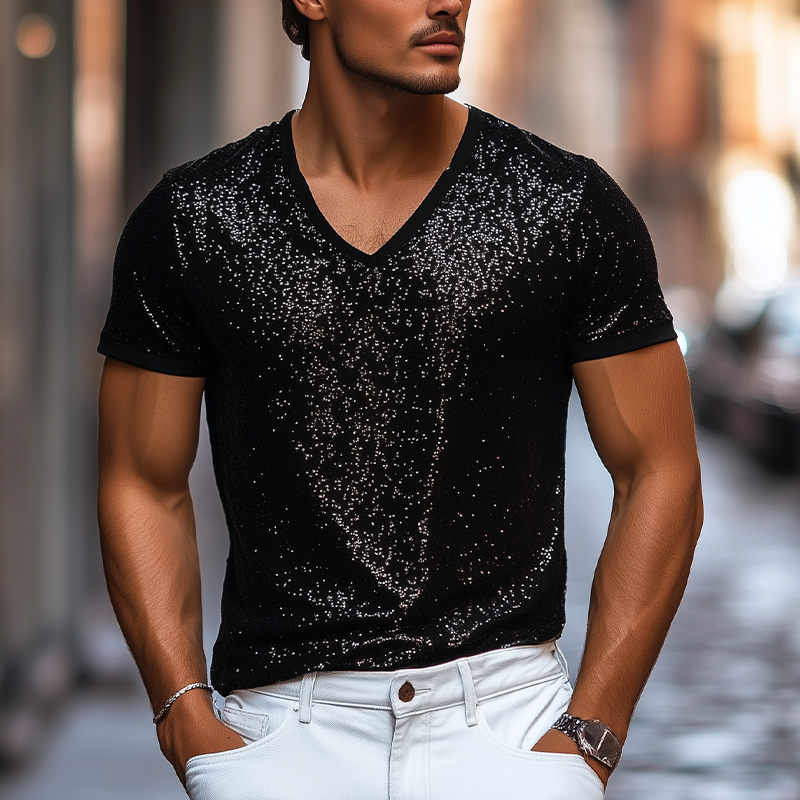 Men's Stylish Casual Personality Sequin Fabric Short-sleeved T-shirt MTA2251C2K