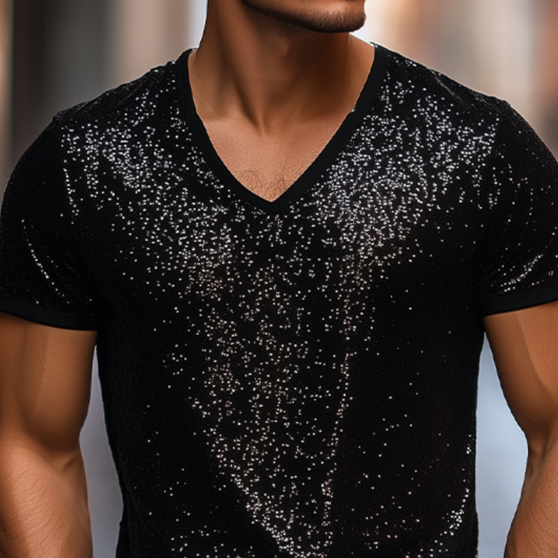 Men's Stylish Casual Personality Sequin Fabric Short-sleeved T-shirt MTA2251C2K